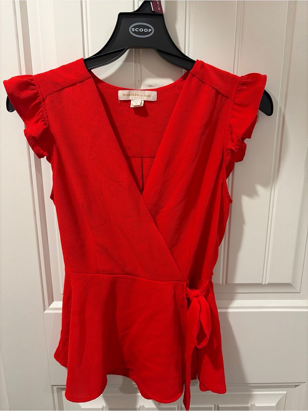 Monteau Los Angeles Red Ruffle Sleeve Wrap Peplum Top Blouse Medium M